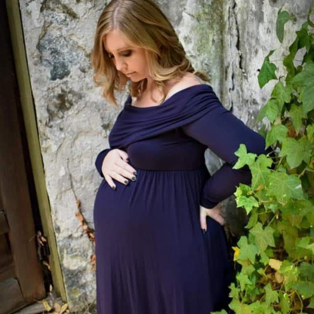 Mother Bee long sleeve, floor length blue maternity dress